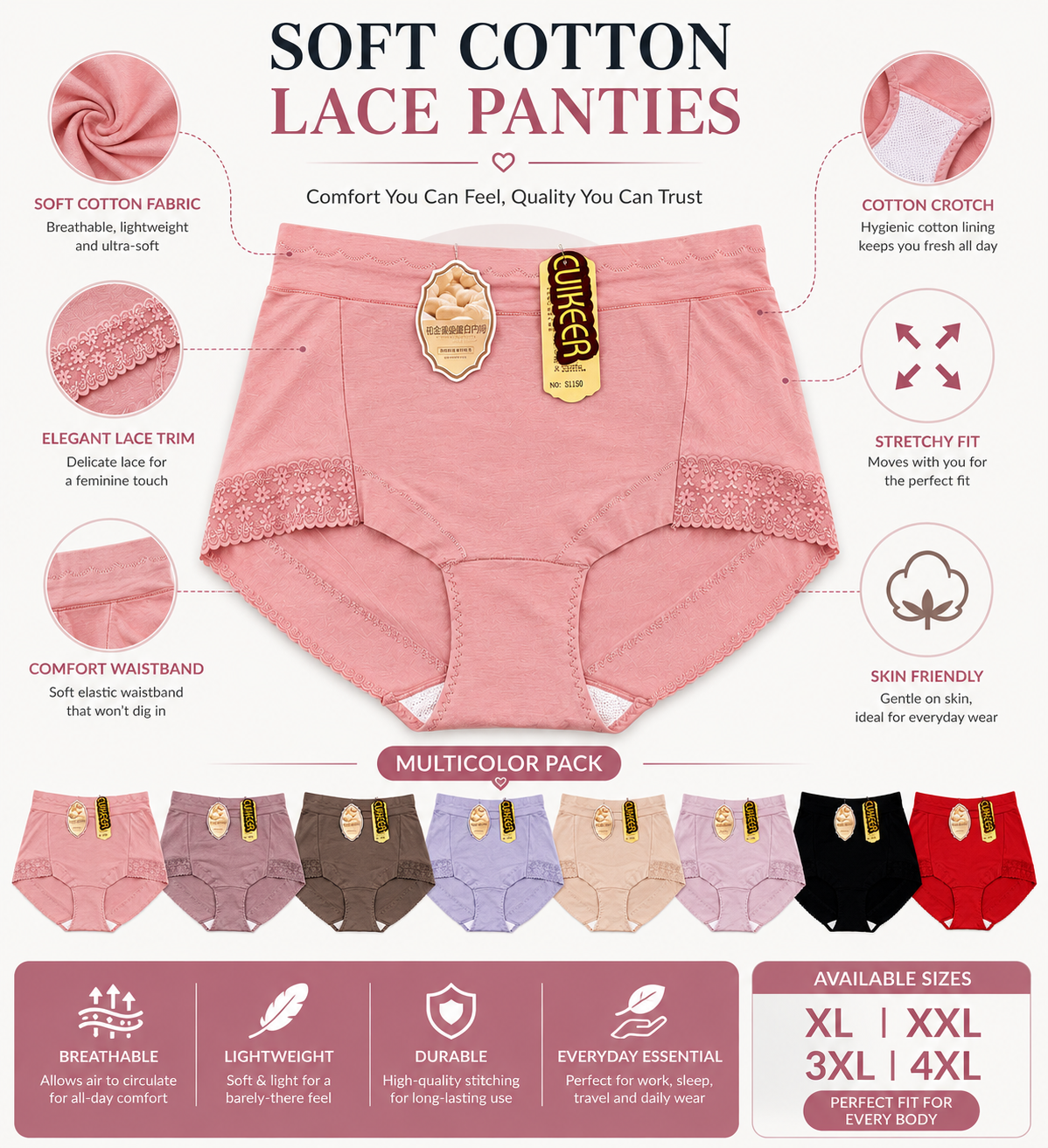 Plus Size Cotton Lace Panties (Pack of 3)