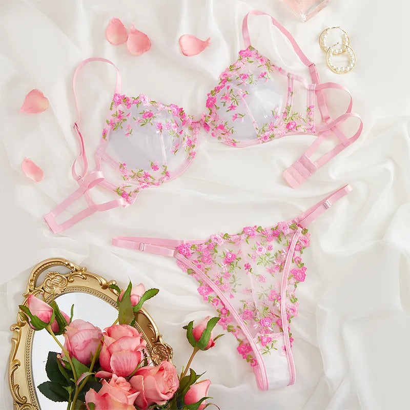 🌸 Luxury Floral Embroidered Sheer Bra & Panty Set 💕 | 2-Piece Lace Lingerie for Women ✨