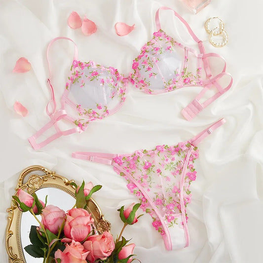 🌸 Luxury Floral Embroidered Sheer Bra & Panty Set 💕 | 2-Piece Lace Lingerie for Women ✨