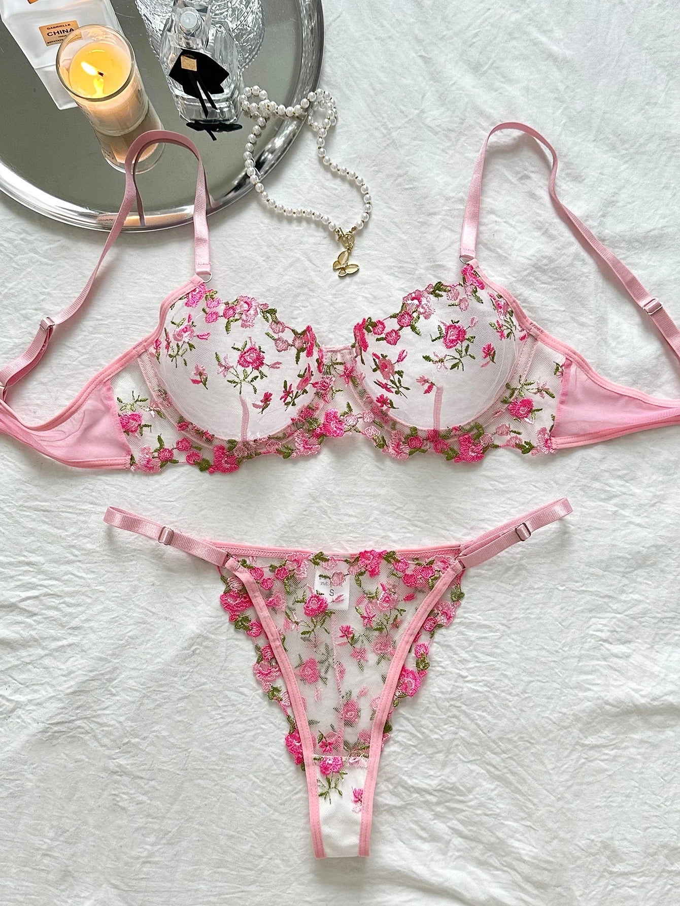 🌸 Luxury Floral Embroidered Sheer Bra & Panty Set 💕 | 2-Piece Lace Lingerie for Women ✨