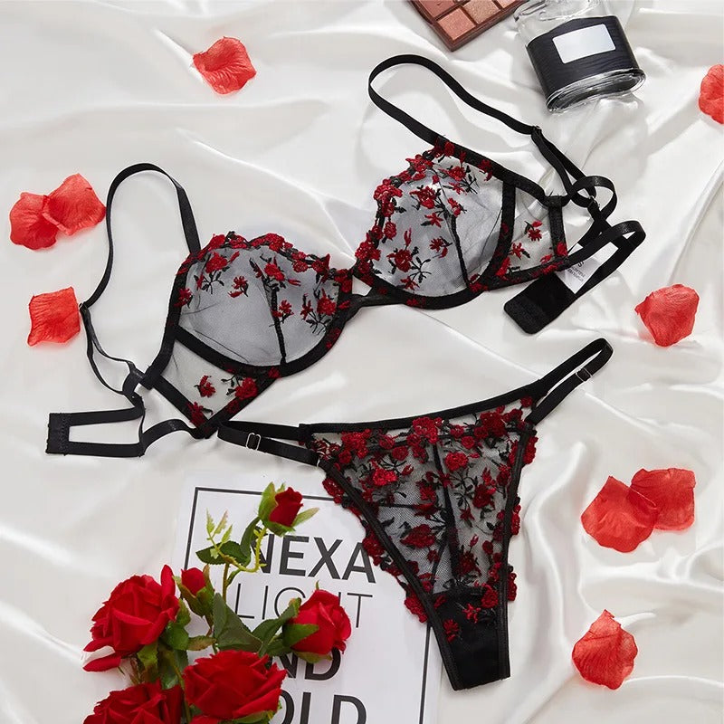 🌸 Luxury Floral Embroidered Sheer Bra & Panty Set 💕 | 2-Piece Lace Lingerie for Women ✨
